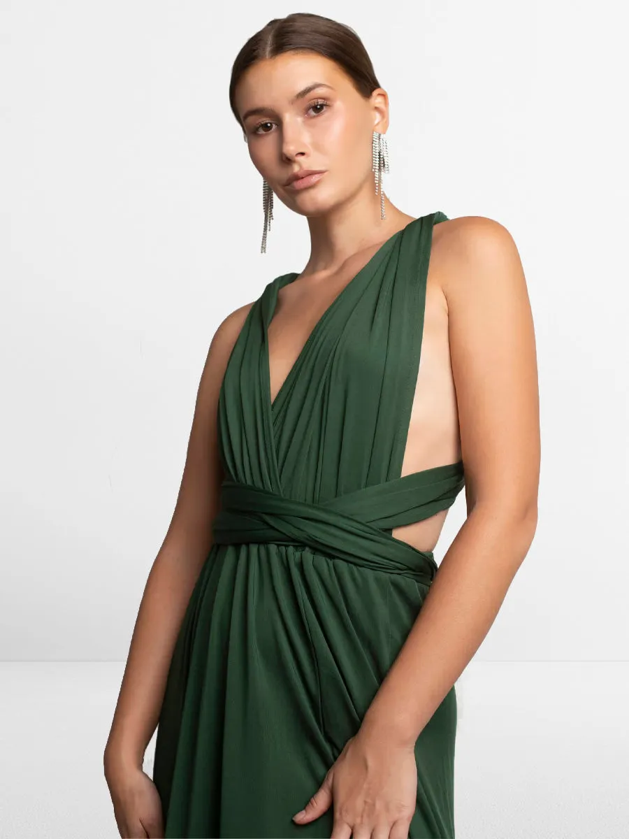2025 Hunter Green Vegan Sleeveless Bridesmaid Dress, V-Neck Backless High Split Guest Apparel