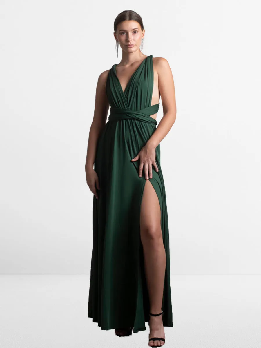 2025 Hunter Green Vegan Sleeveless Bridesmaid Dress, V-Neck Backless High Split Guest Apparel