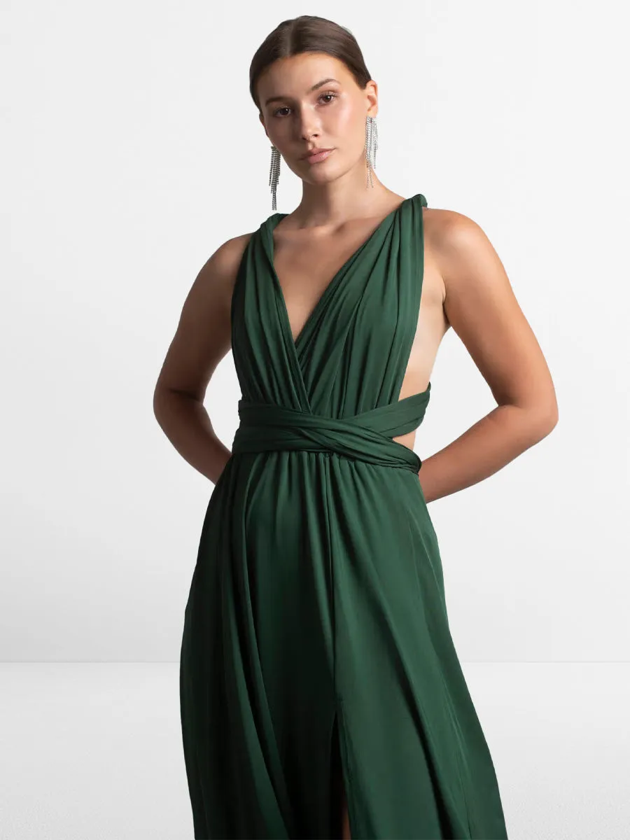 2025 Hunter Green Vegan Sleeveless Bridesmaid Dress, V-Neck Backless High Split Guest Apparel