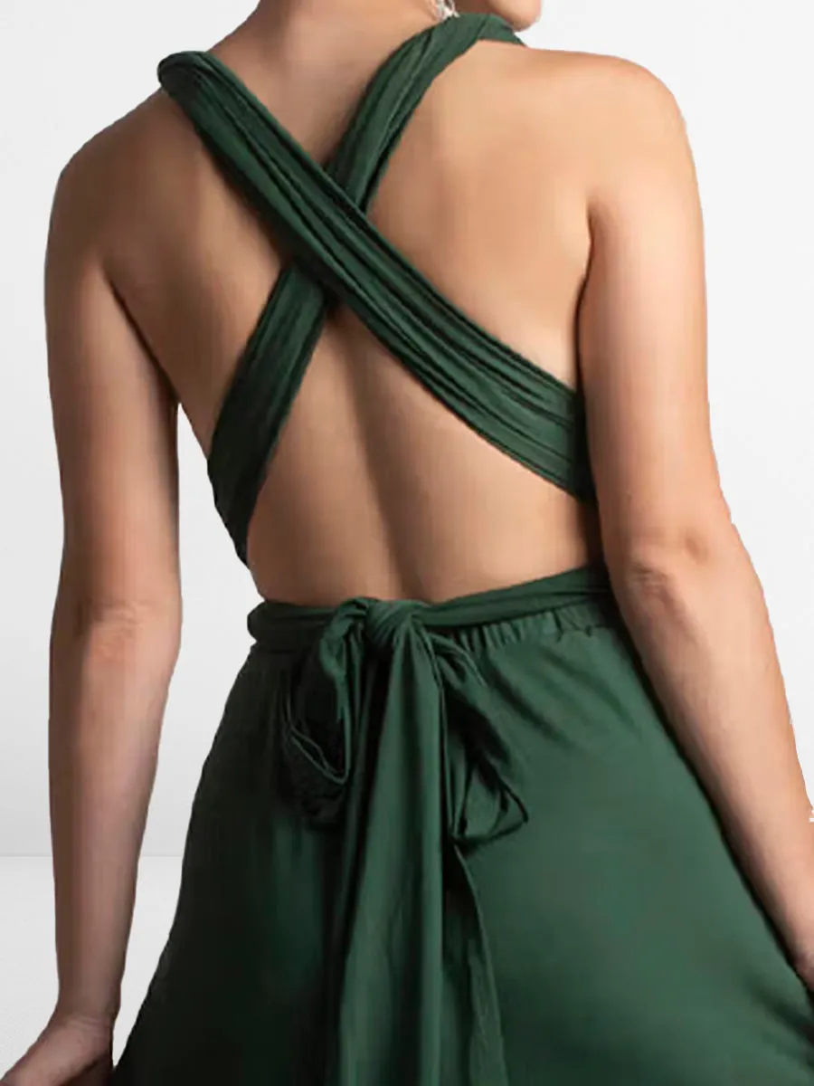 2025 Hunter Green Vegan Sleeveless Bridesmaid Dress, V-Neck Backless High Split Guest Apparel