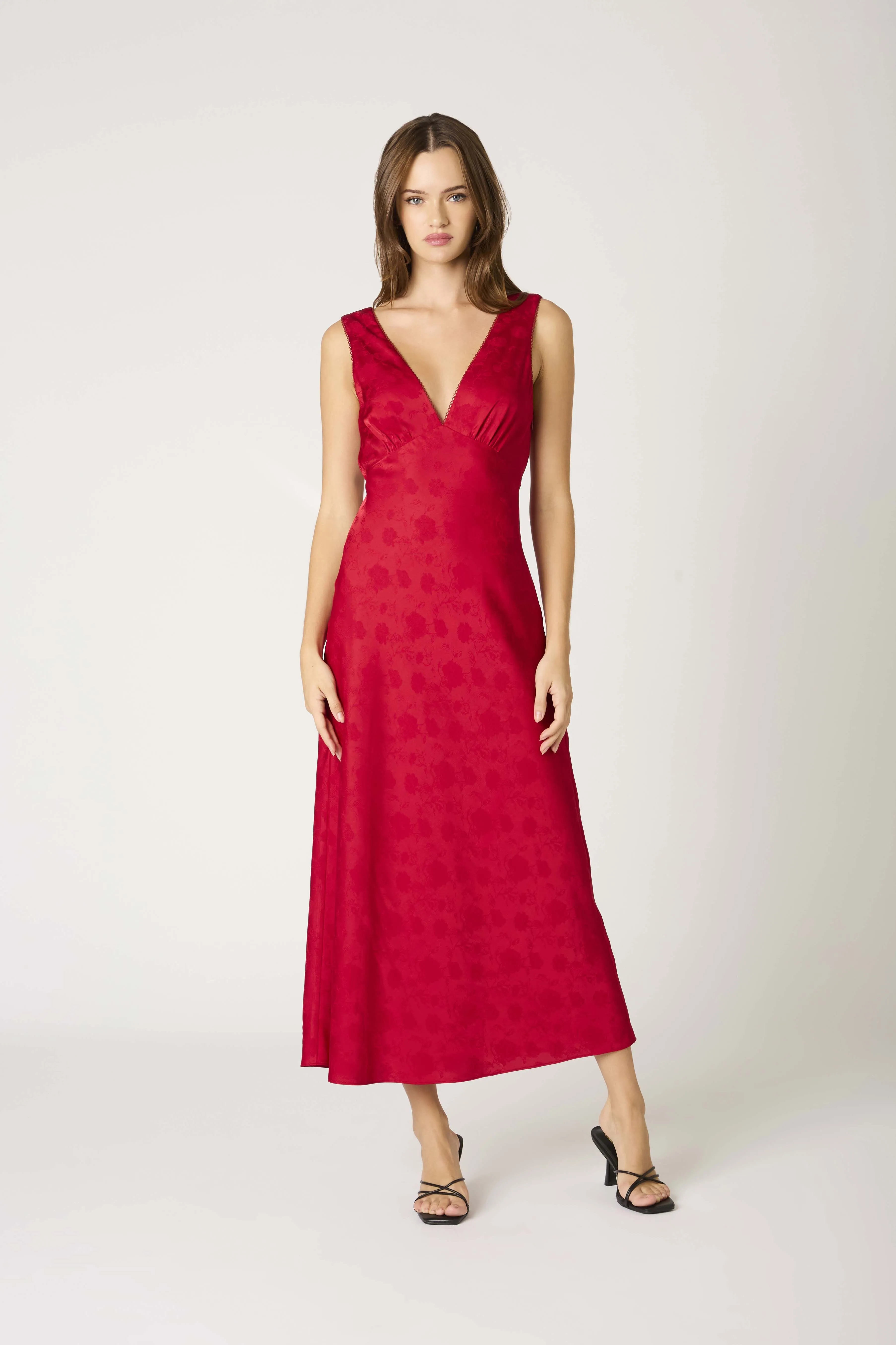 Anda Rose Jacquard Tea Length Slip Dress - Crimson