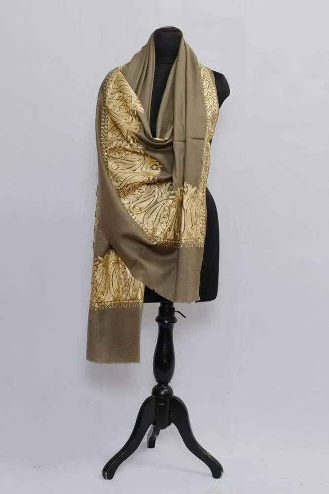 Beige Colour Semi Pashmina Shawl Enriched With Ethnic Heavy Golden Tilla Embroidery With Running border