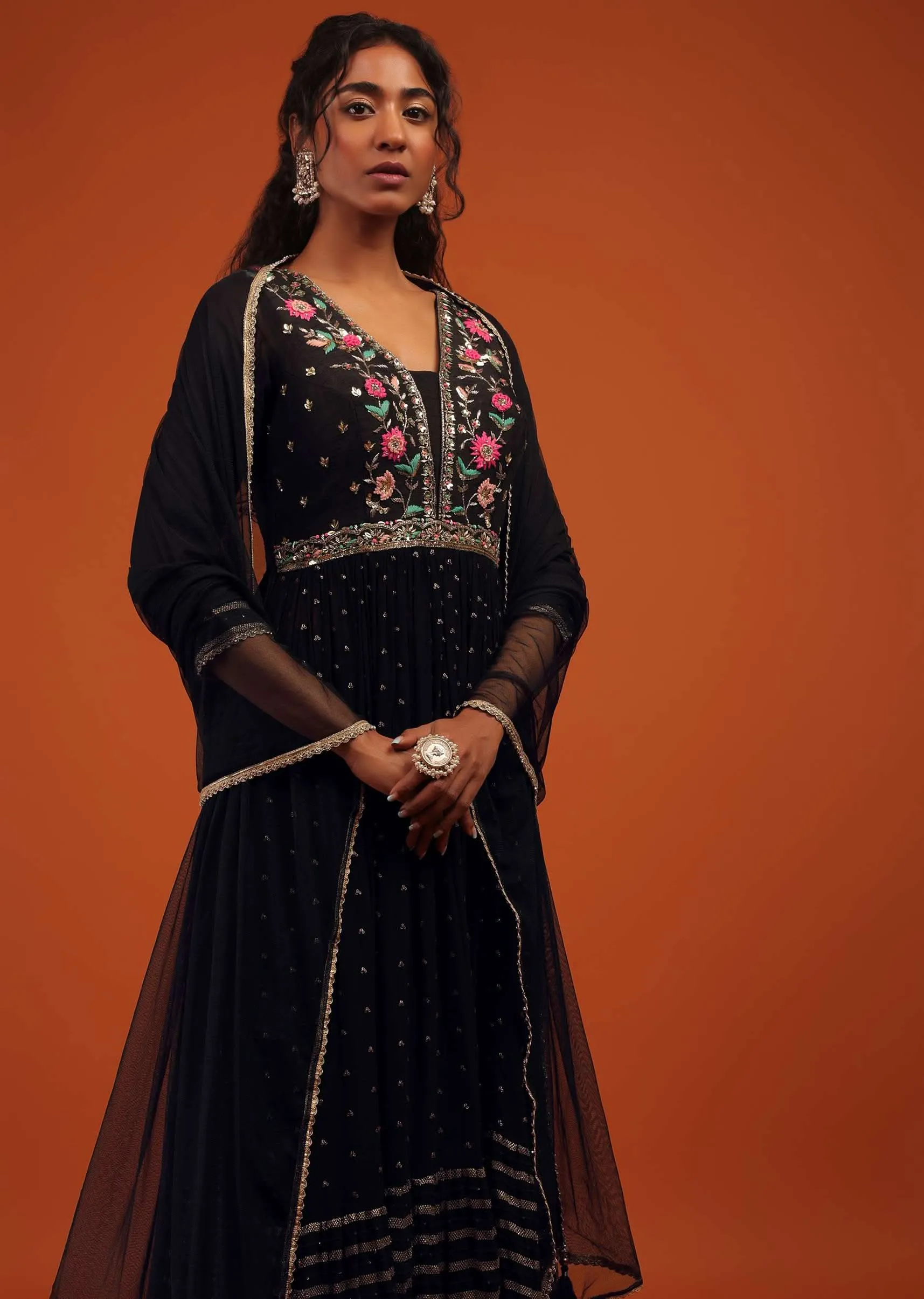 Black Palazzo Suit Set In Georgette With Multi Color Embroidery