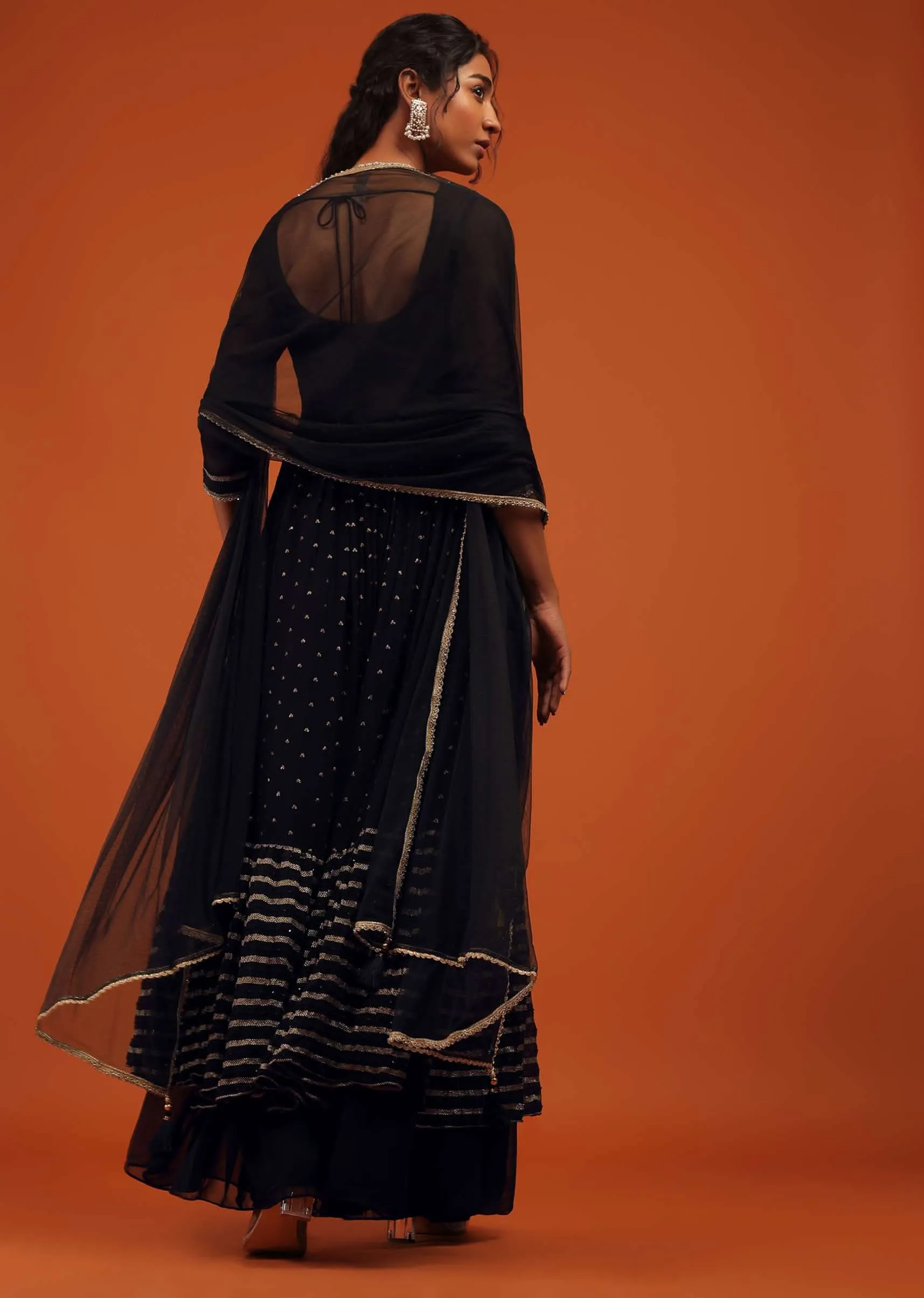 Black Palazzo Suit Set In Georgette With Multi Color Embroidery