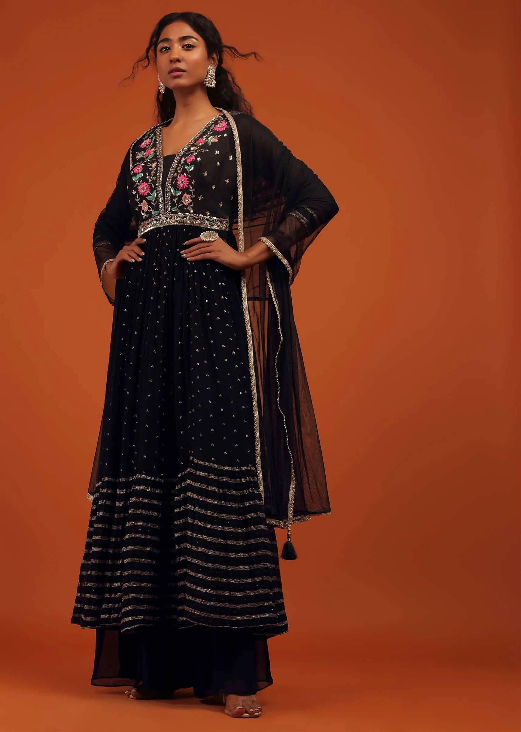 Black Palazzo Suit Set In Georgette With Multi Color Embroidery