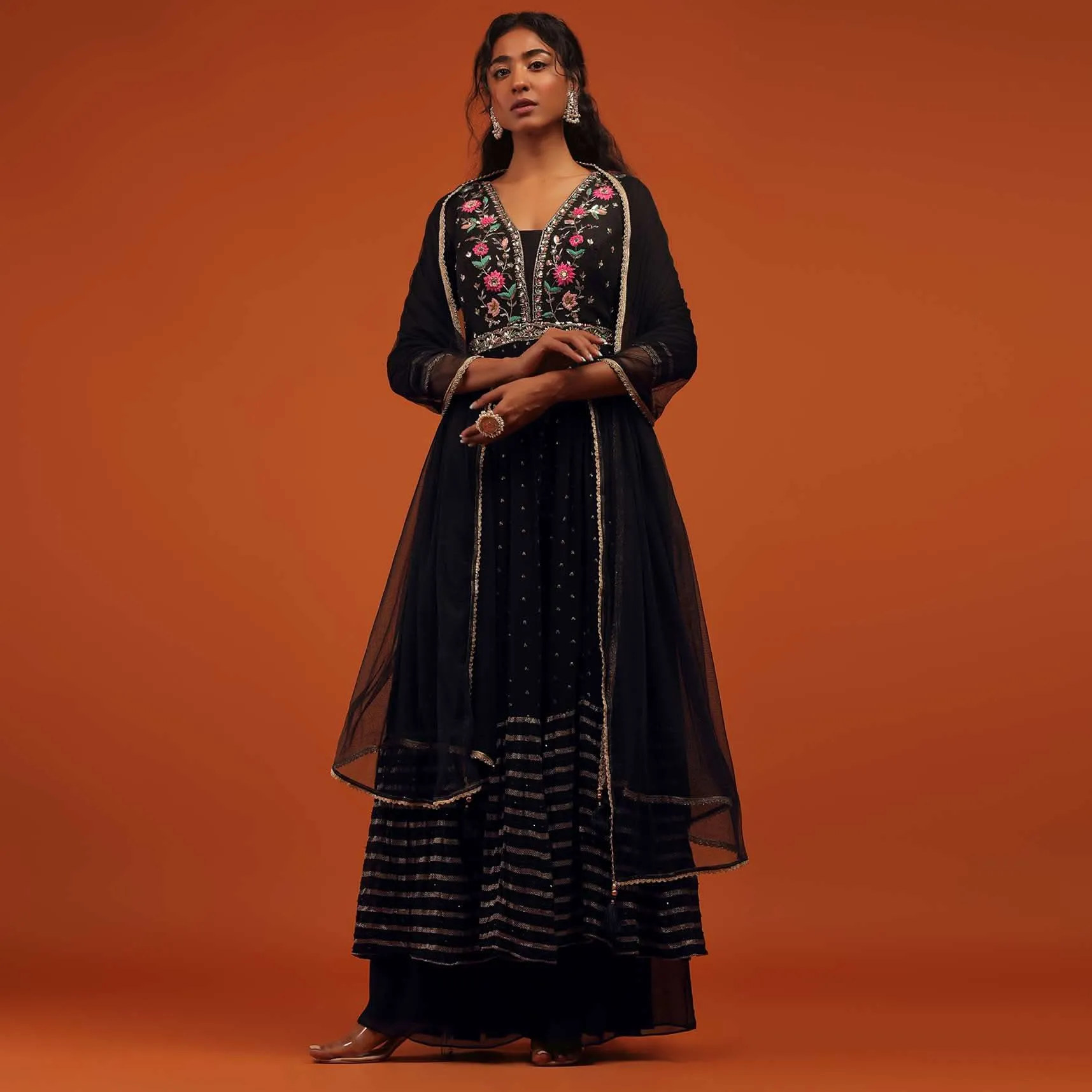 Black Palazzo Suit Set In Georgette With Multi Color Embroidery