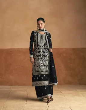 Black Premium Chinnon Silk Palazzo Suit with White Embroidery