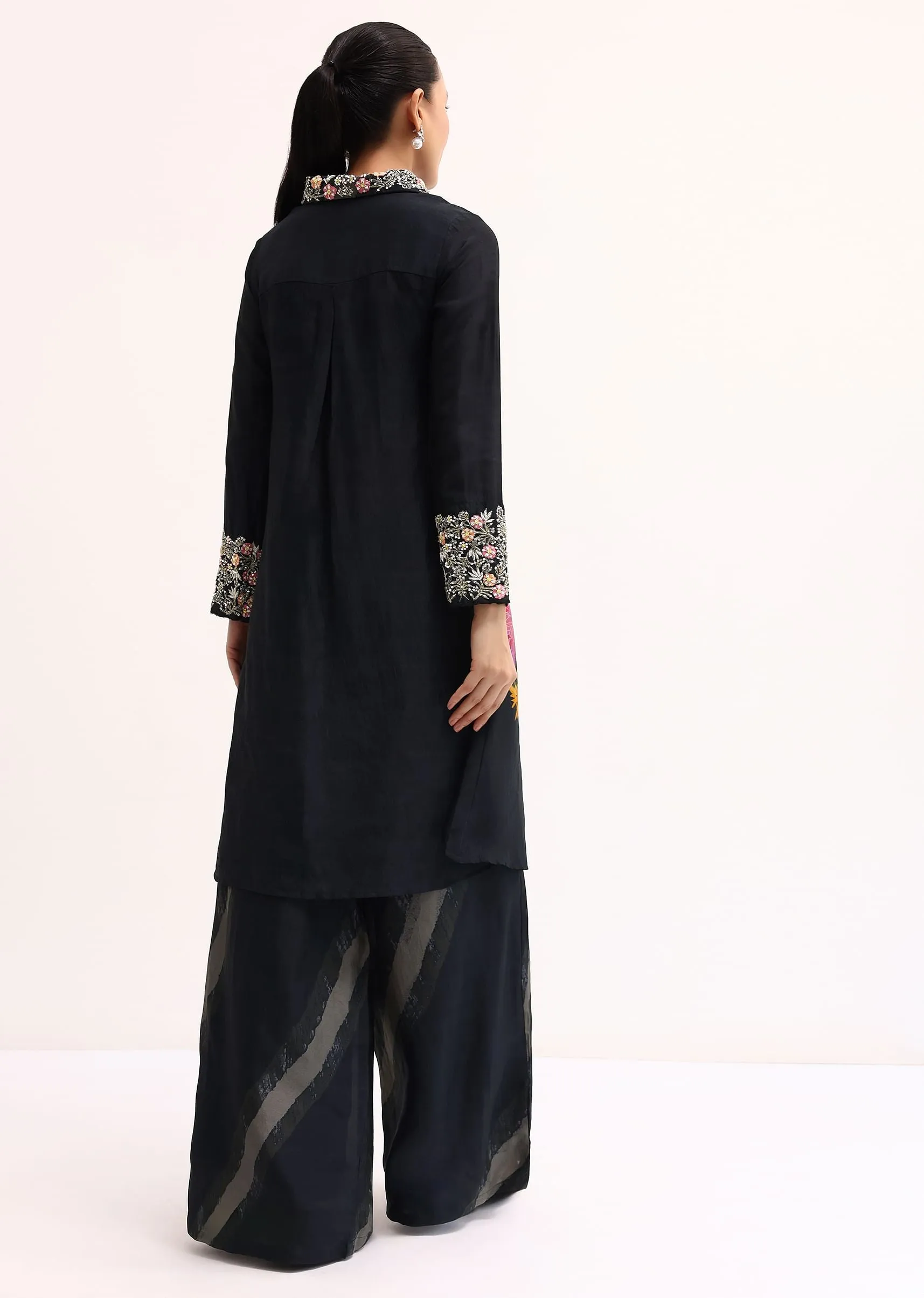 Black Printed Tussar Crop Top And Palazzo Set