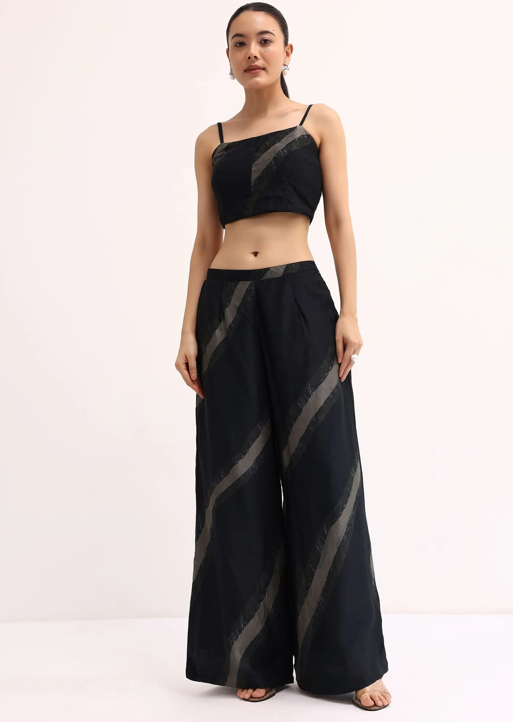 Black Printed Tussar Crop Top And Palazzo Set