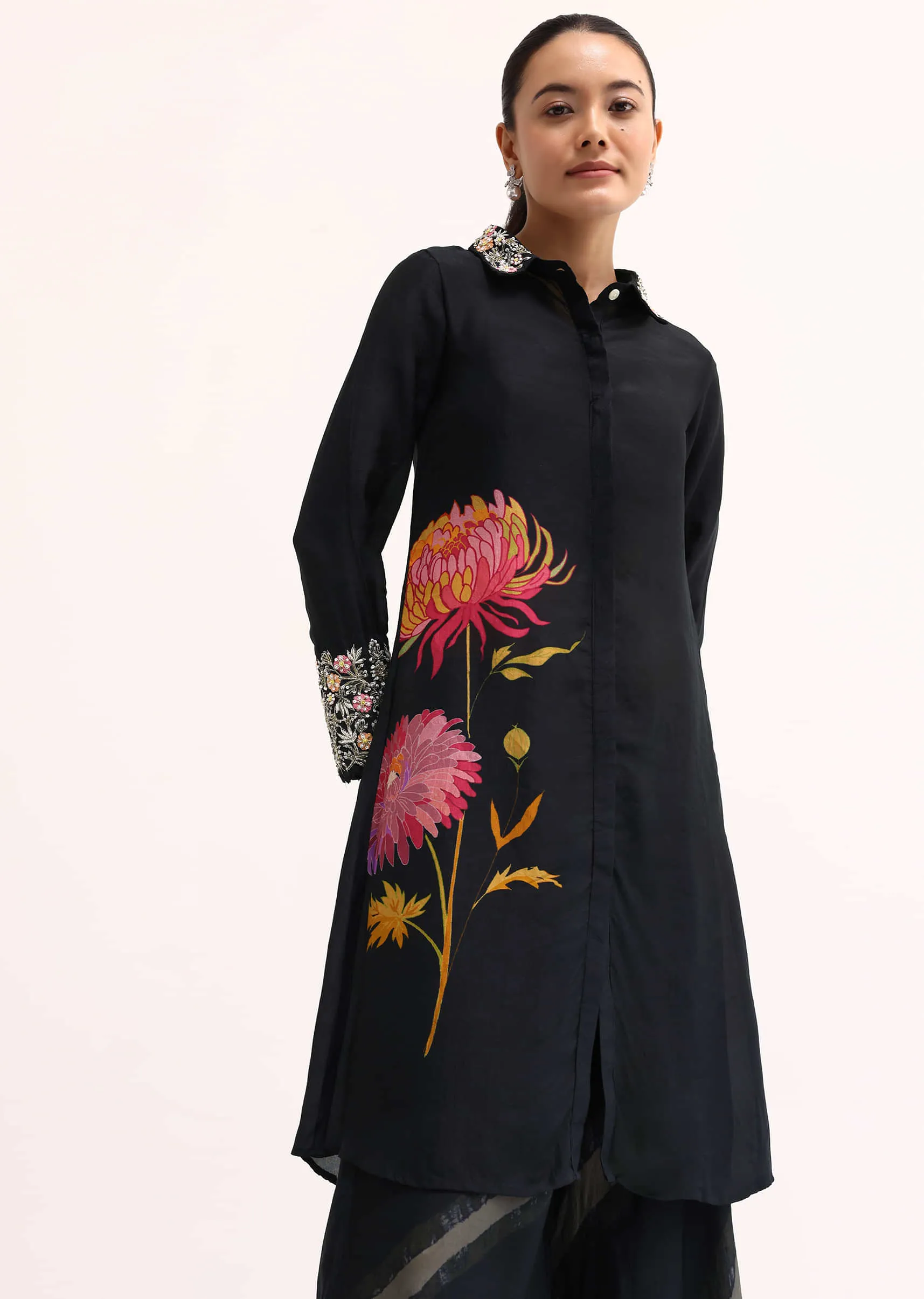 Black Printed Tussar Crop Top And Palazzo Set