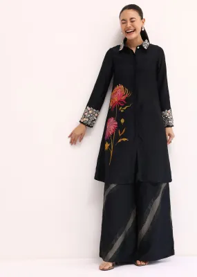 Black Printed Tussar Crop Top And Palazzo Set