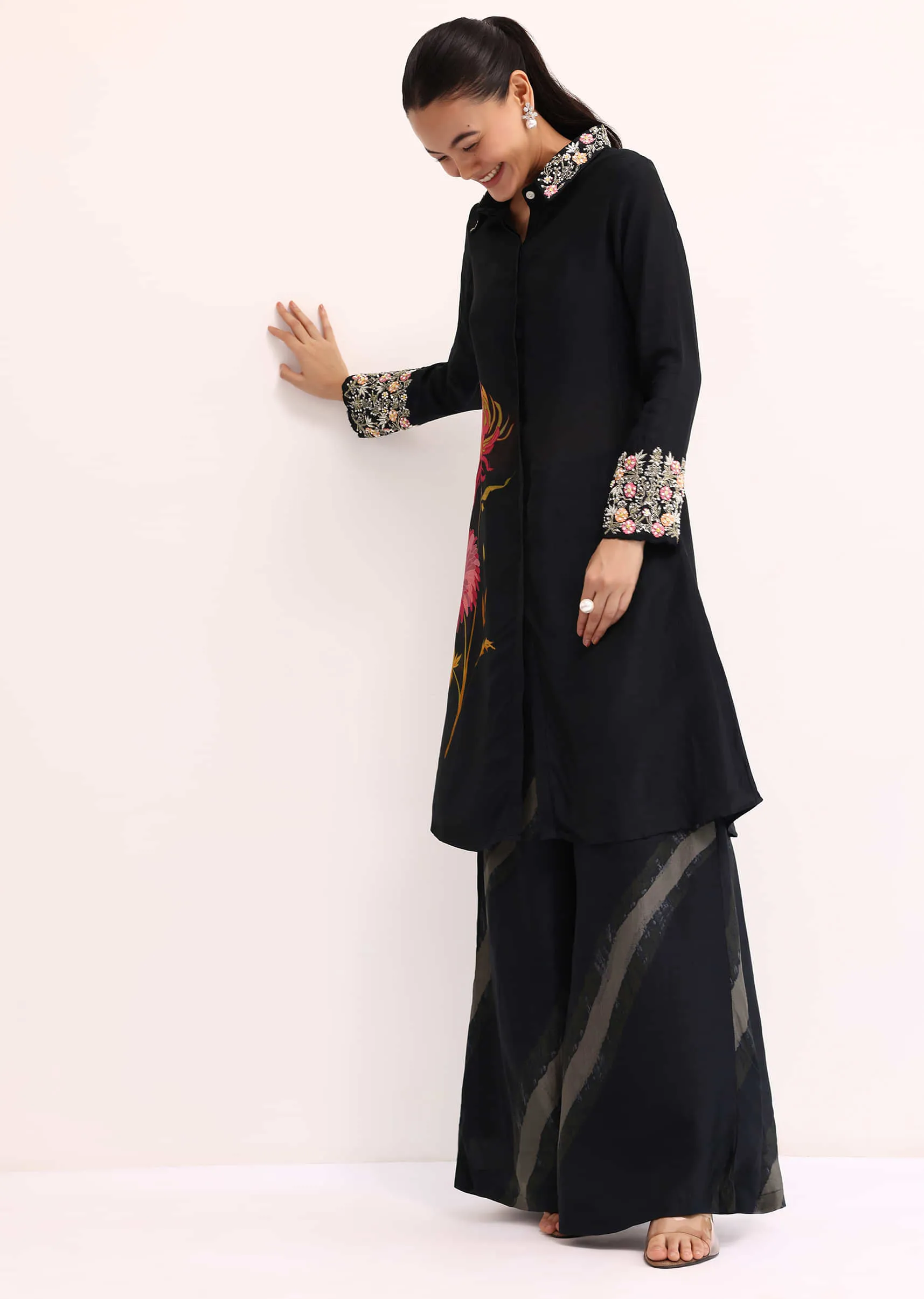 Black Printed Tussar Crop Top And Palazzo Set