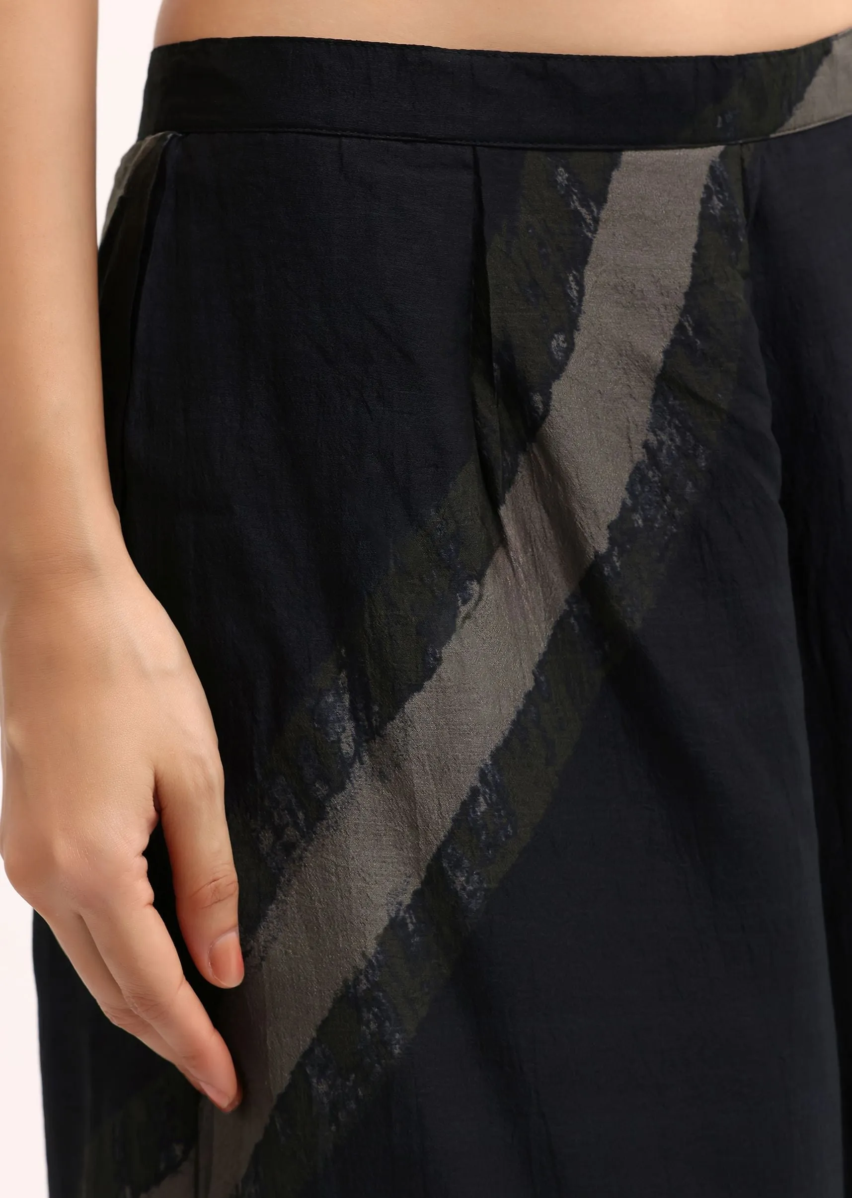 Black Printed Tussar Crop Top And Palazzo Set