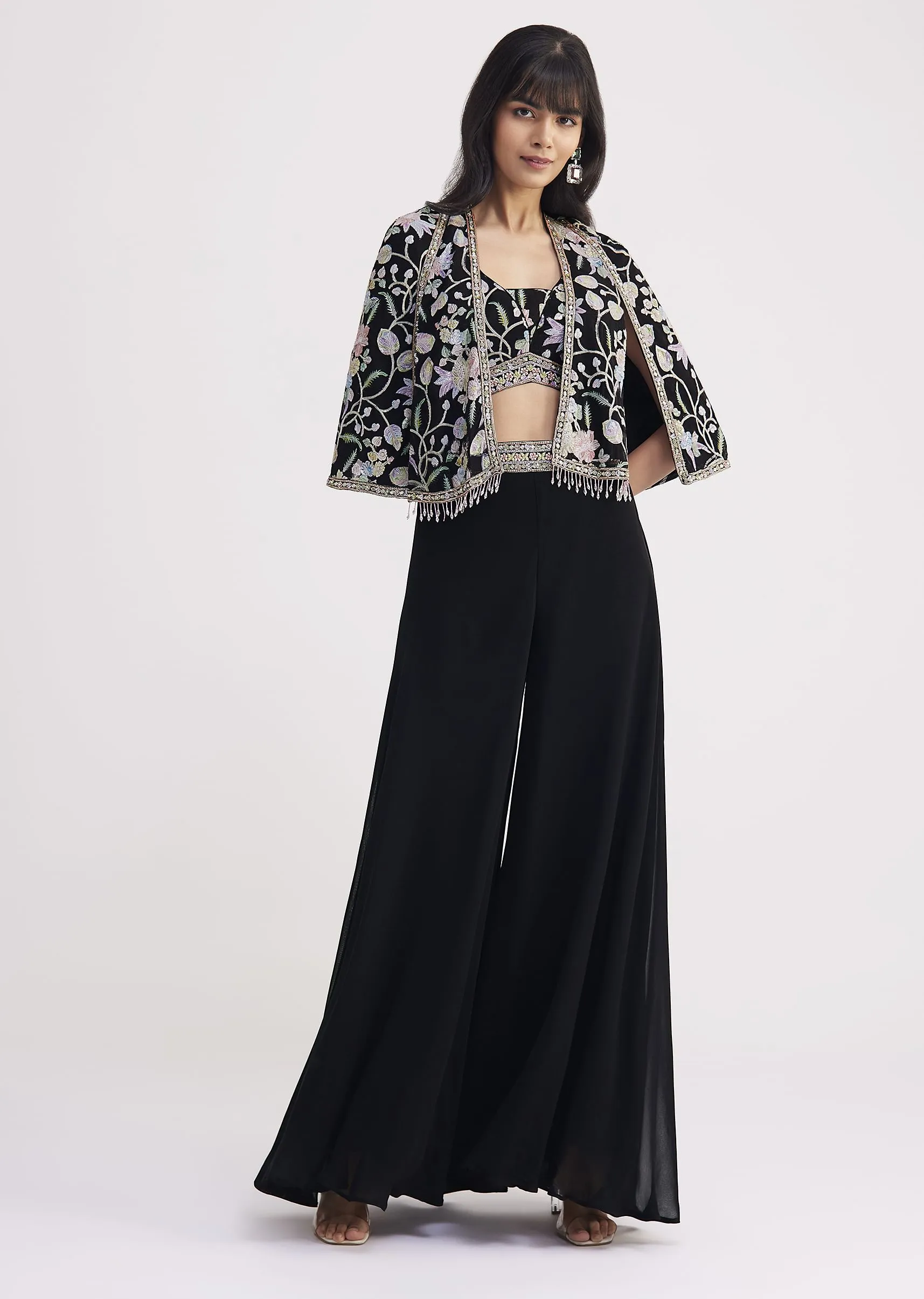 Black Sequin Patch Work Croptop Palazzo With Cape
