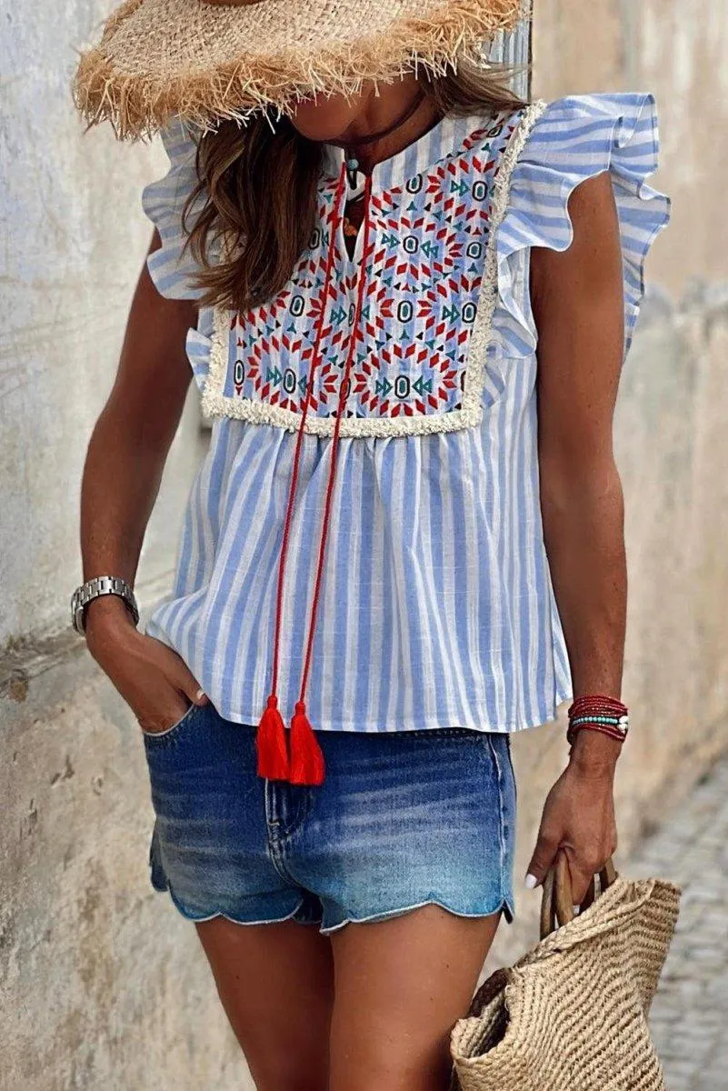 Blue and Red Stripe Tassel Flutter Blouse