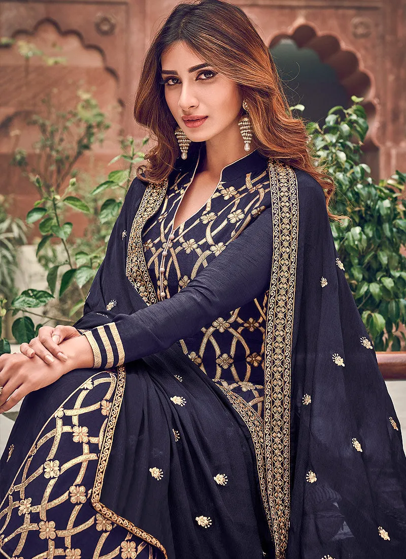 Blue Designer Embroidered Palazzo Suit