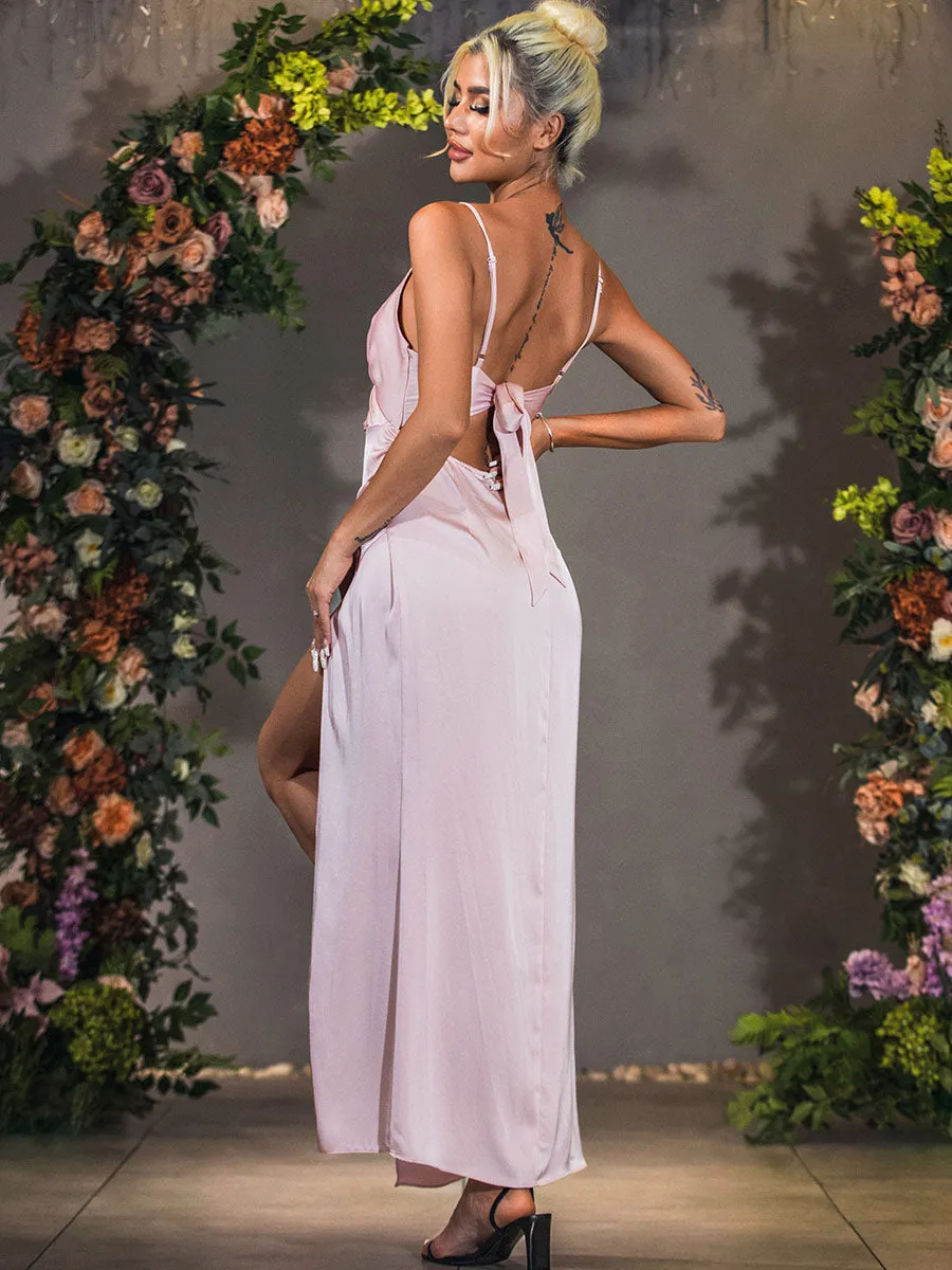 Blush Pink Satin Bridesmaid Dresses Slip Lace-up back