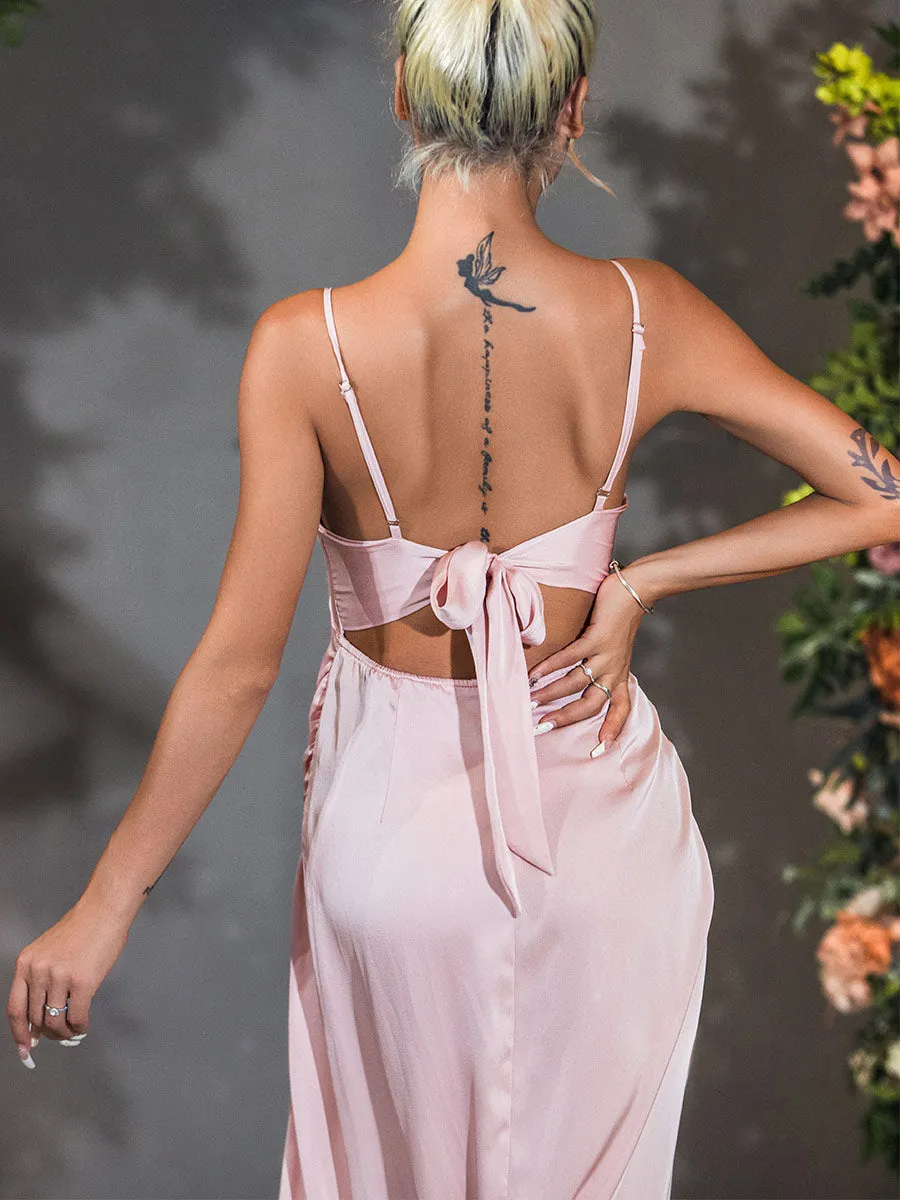 Blush Pink Satin Bridesmaid Dresses Slip Lace-up back