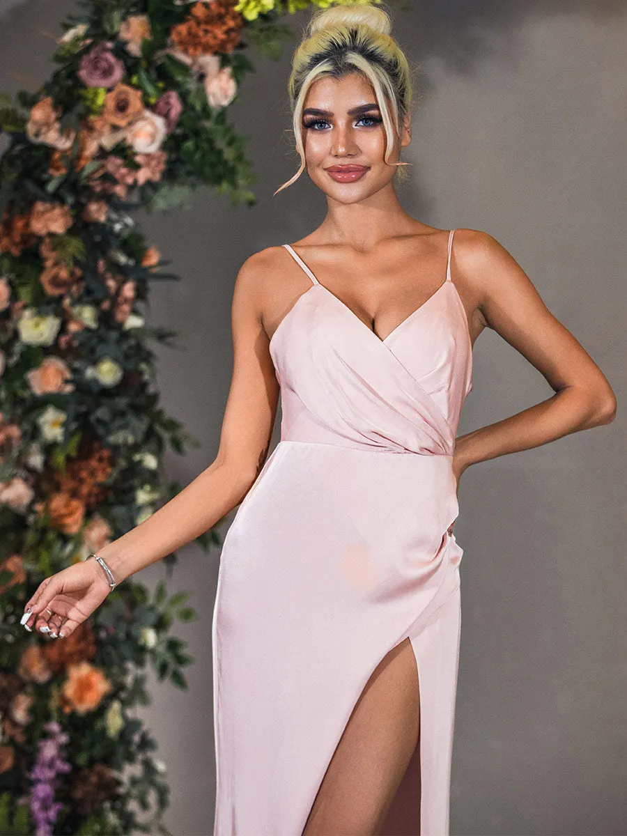 Blush Pink Satin Bridesmaid Dresses Slip Lace-up back