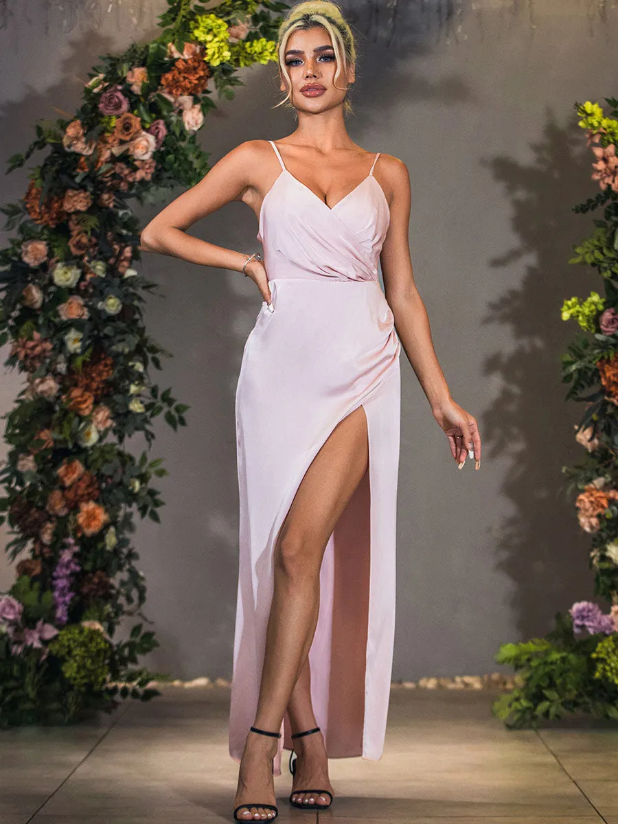Blush Pink Satin Bridesmaid Dresses Slip Lace-up back