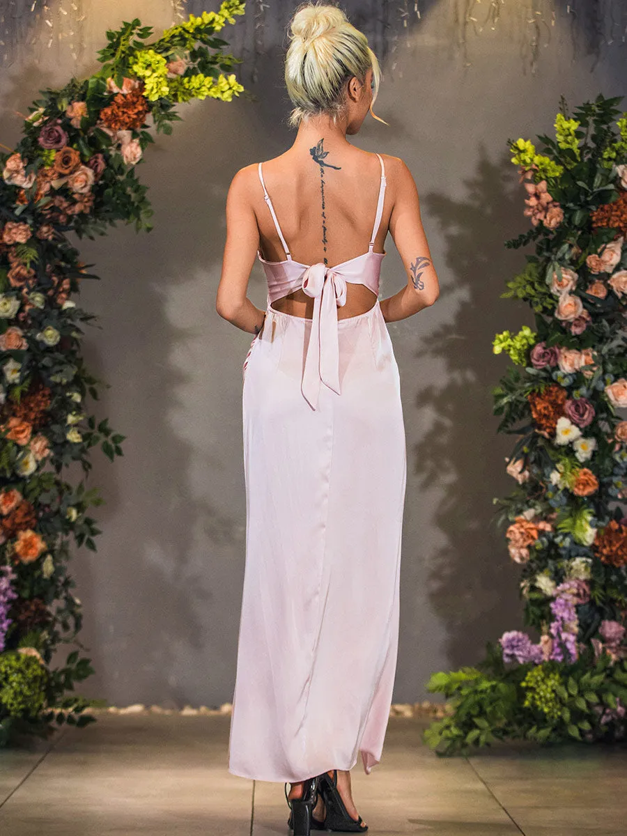 Blush Pink Satin Bridesmaid Dresses Slip Lace-up back