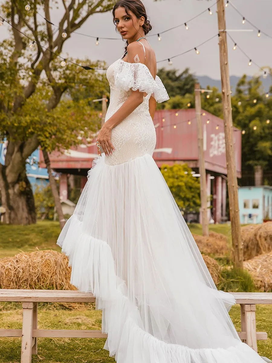 Boho Flutter Sleeve Wedding Dress Tulle Rustic