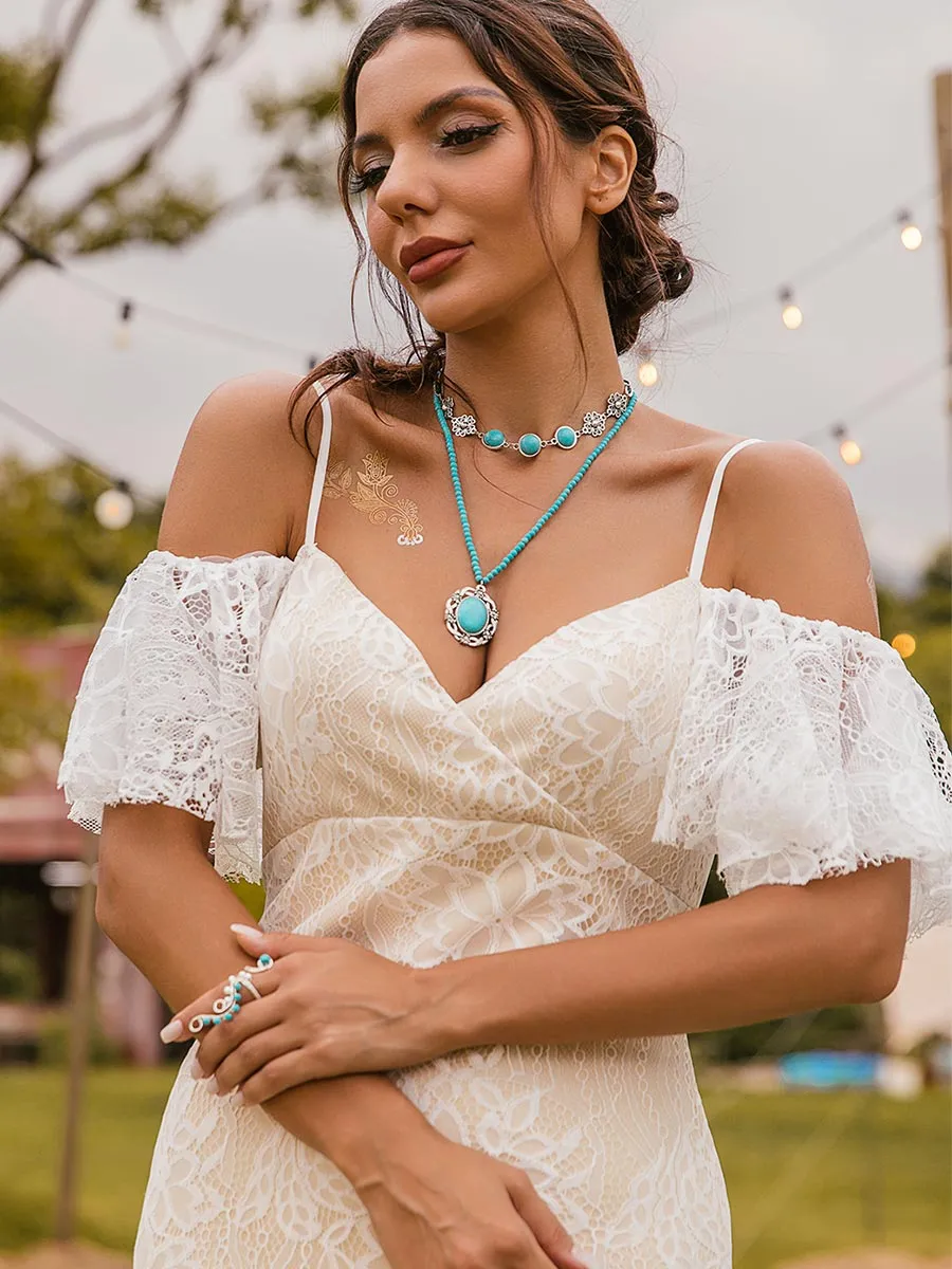 Boho Flutter Sleeve Wedding Dress Tulle Rustic