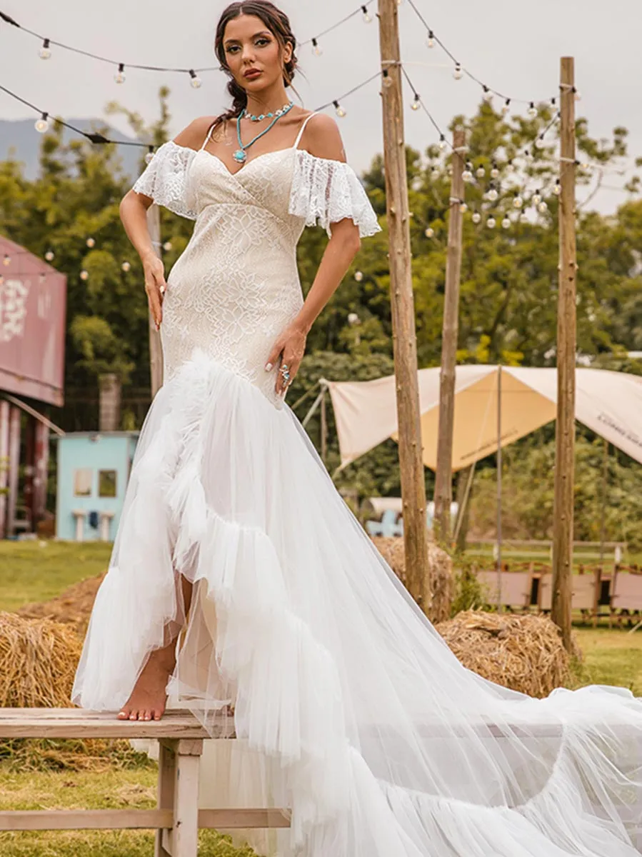 Boho Flutter Sleeve Wedding Dress Tulle Rustic