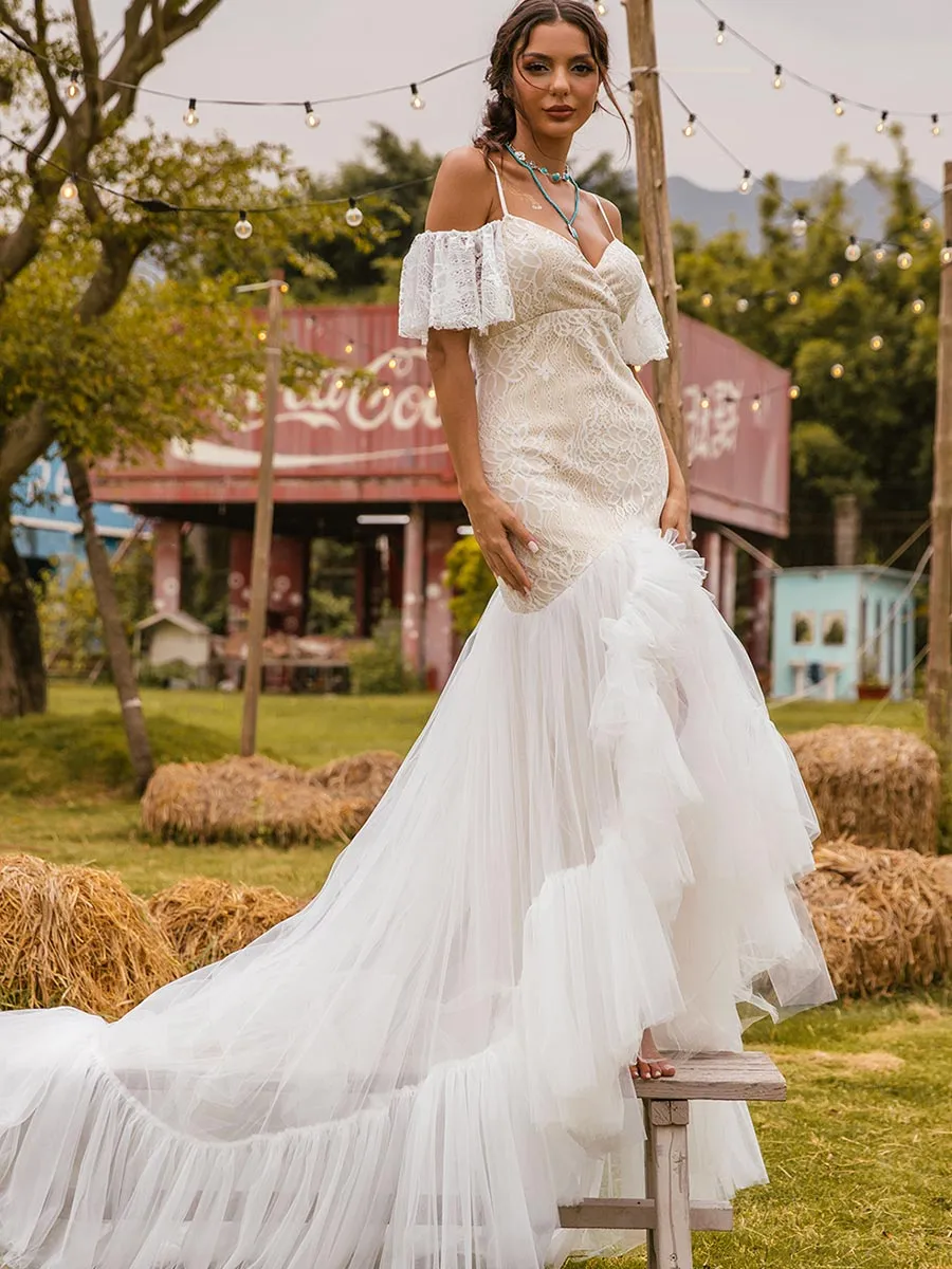Boho Flutter Sleeve Wedding Dress Tulle Rustic