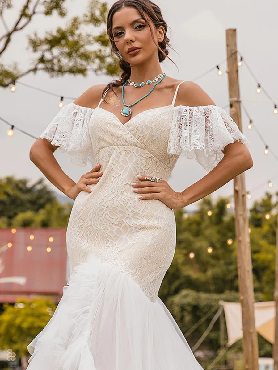 Boho Flutter Sleeve Wedding Dress Tulle Rustic
