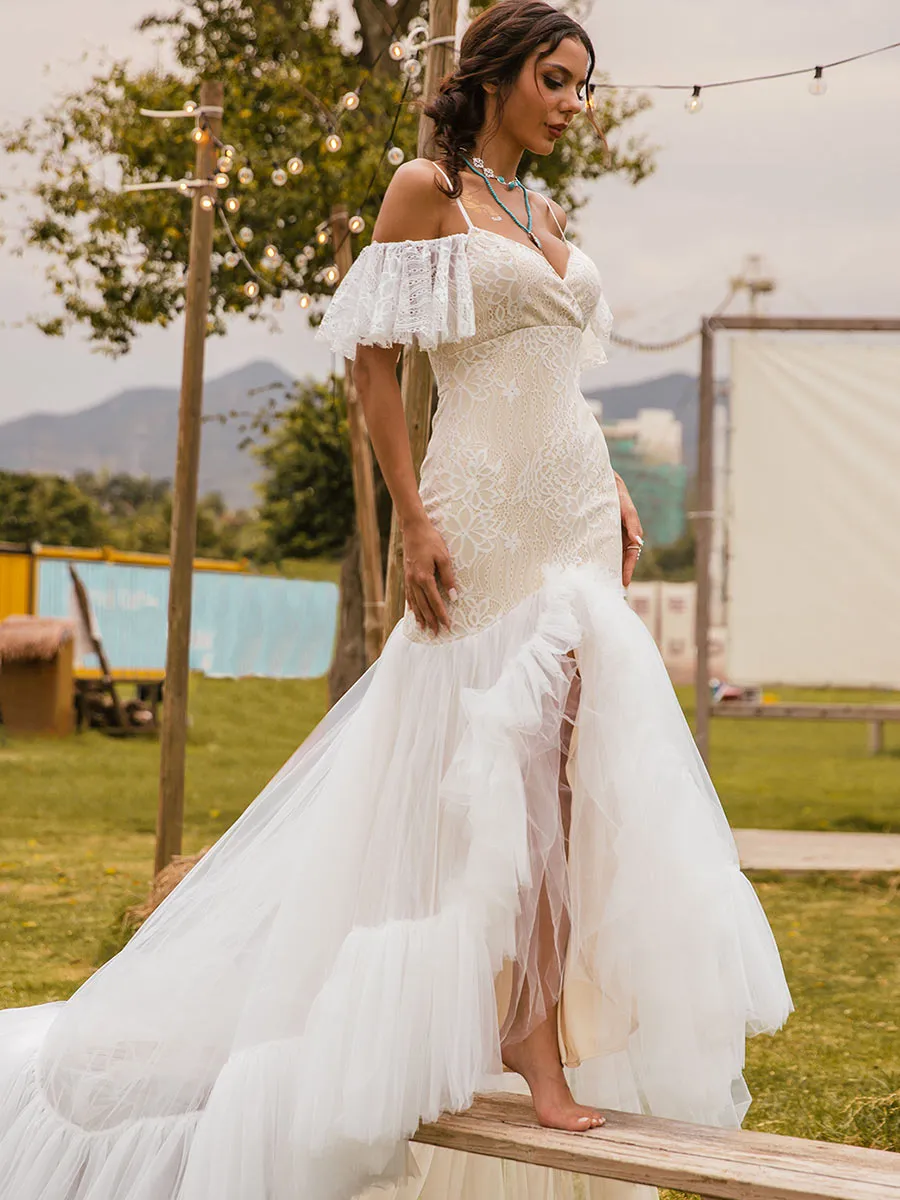 Boho Flutter Sleeve Wedding Dress Tulle Rustic
