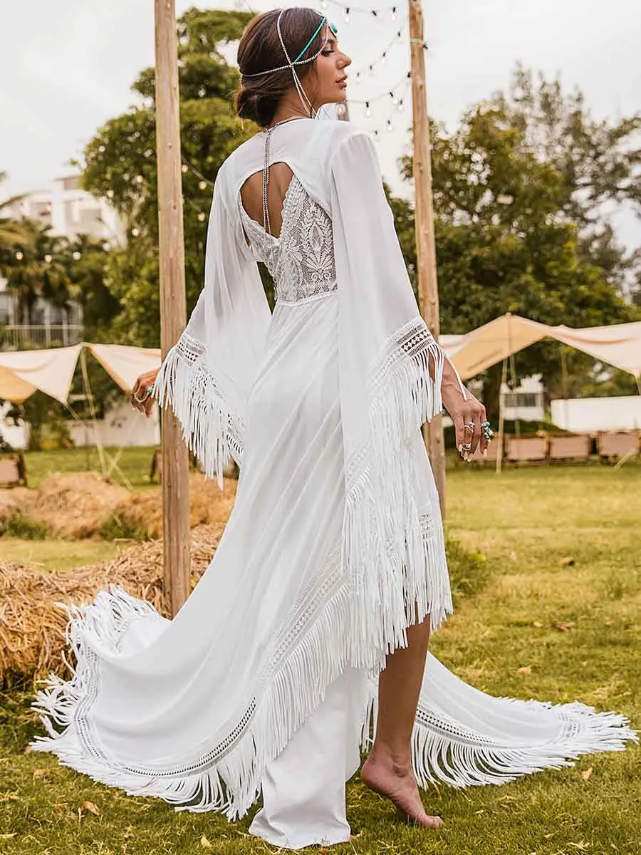 Boho High low Country Wedding Dresses V-neck A line Fringe