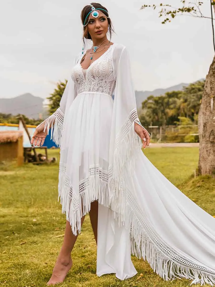 Boho High low Country Wedding Dresses V-neck A line Fringe