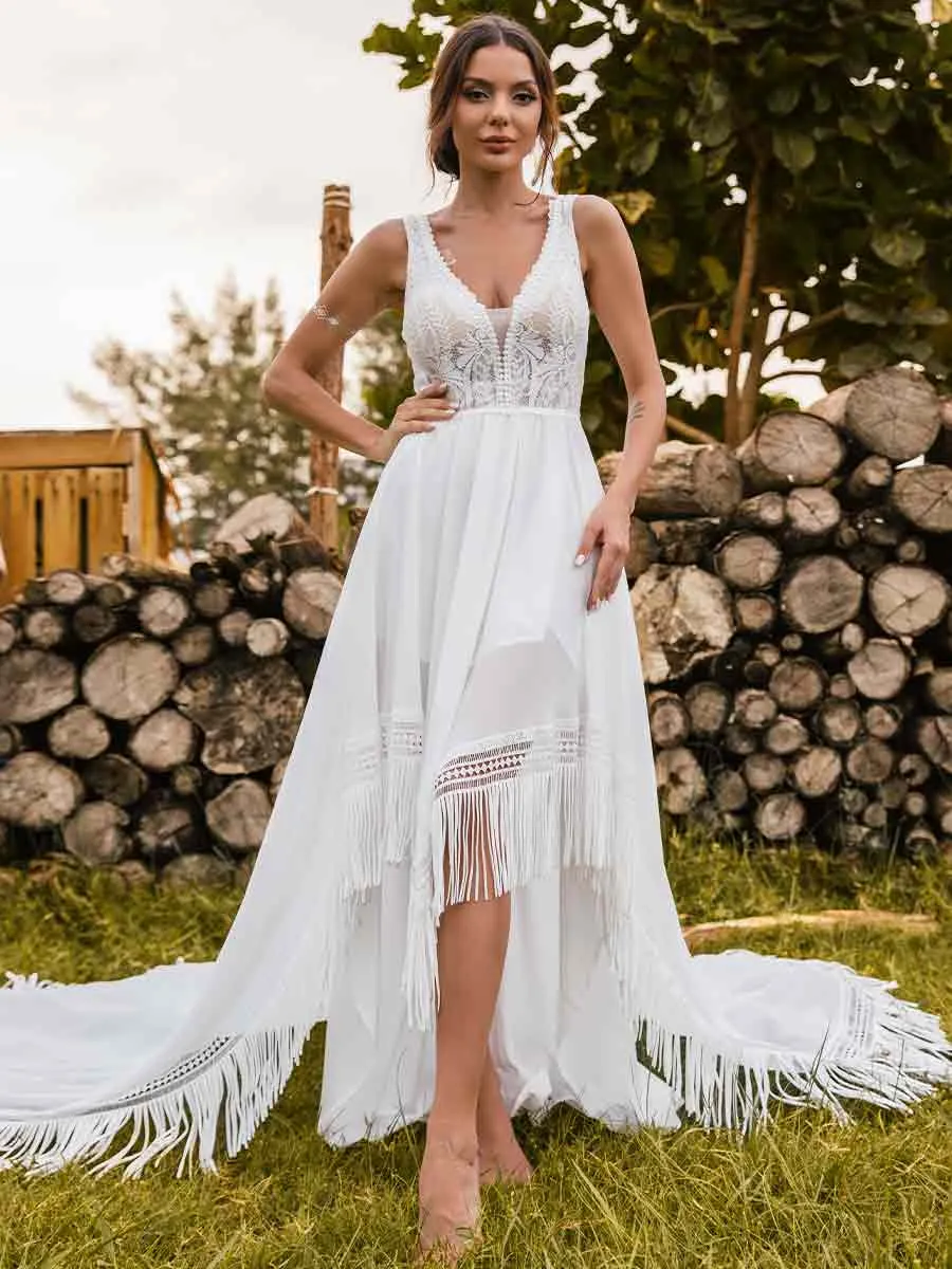 Boho High low Country Wedding Dresses V-neck A line Fringe