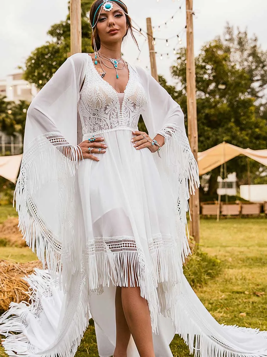 Boho High low Country Wedding Dresses V-neck A line Fringe