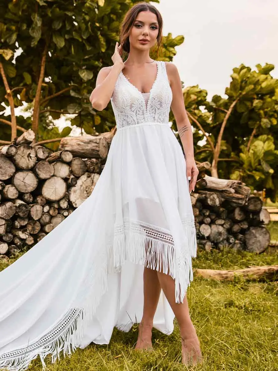 Boho High low Country Wedding Dresses V-neck A line Fringe