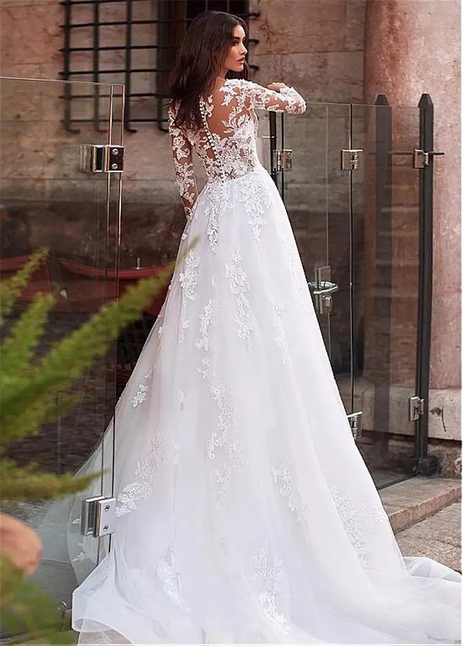 Boho Long Sleeves Wedding Dress Lace Appliqued Gown