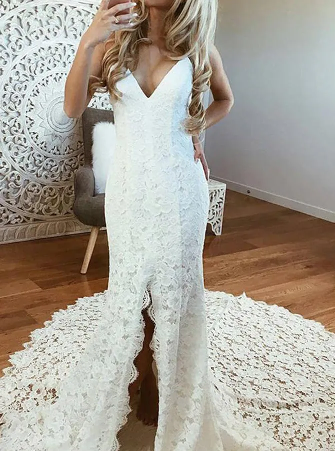 Boho Wedding Dress,Open Back Lace Wedding Dress,Beach Wedding Dress,WD00494