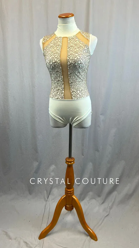 Custom Cream High Neck Leotard Mesh Inserts and Tan Gauze Fishnet Overlay