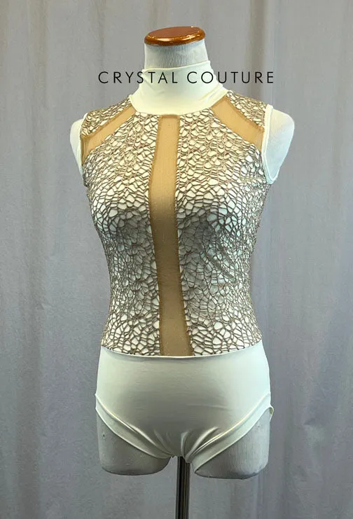 Custom Cream High Neck Leotard Mesh Inserts and Tan Gauze Fishnet Overlay