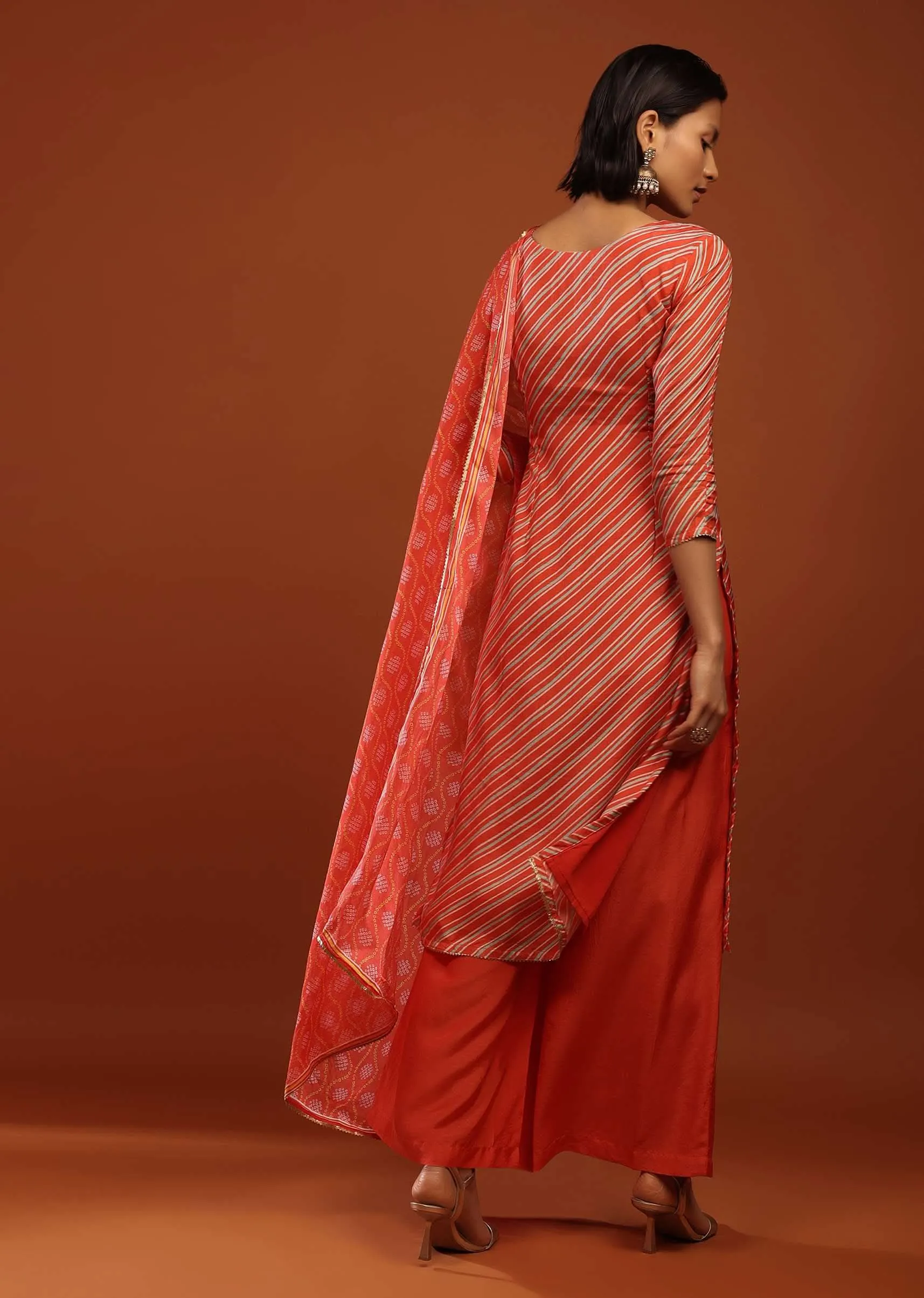 Fire Orange Straight Cut Palazzo Suit With Lehariya Print And Gota Embrodiery