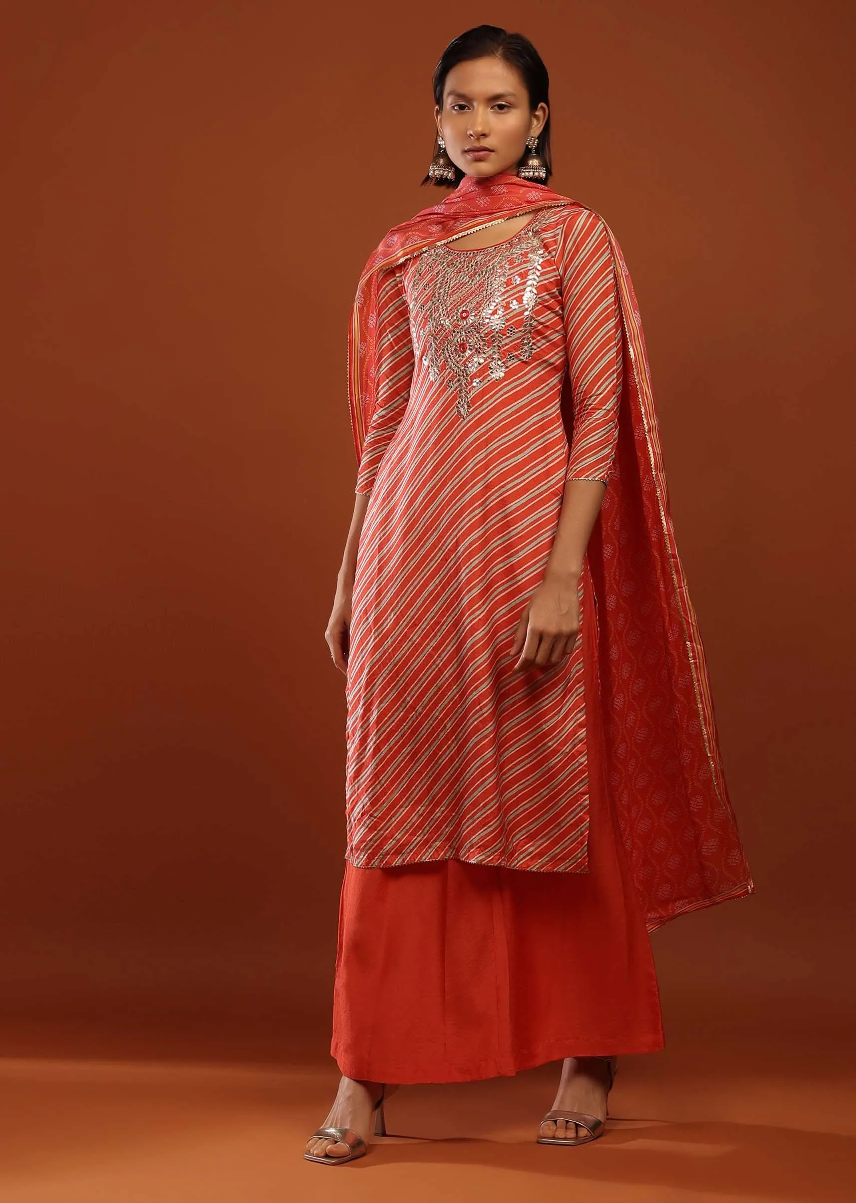 Fire Orange Straight Cut Palazzo Suit With Lehariya Print And Gota Embrodiery