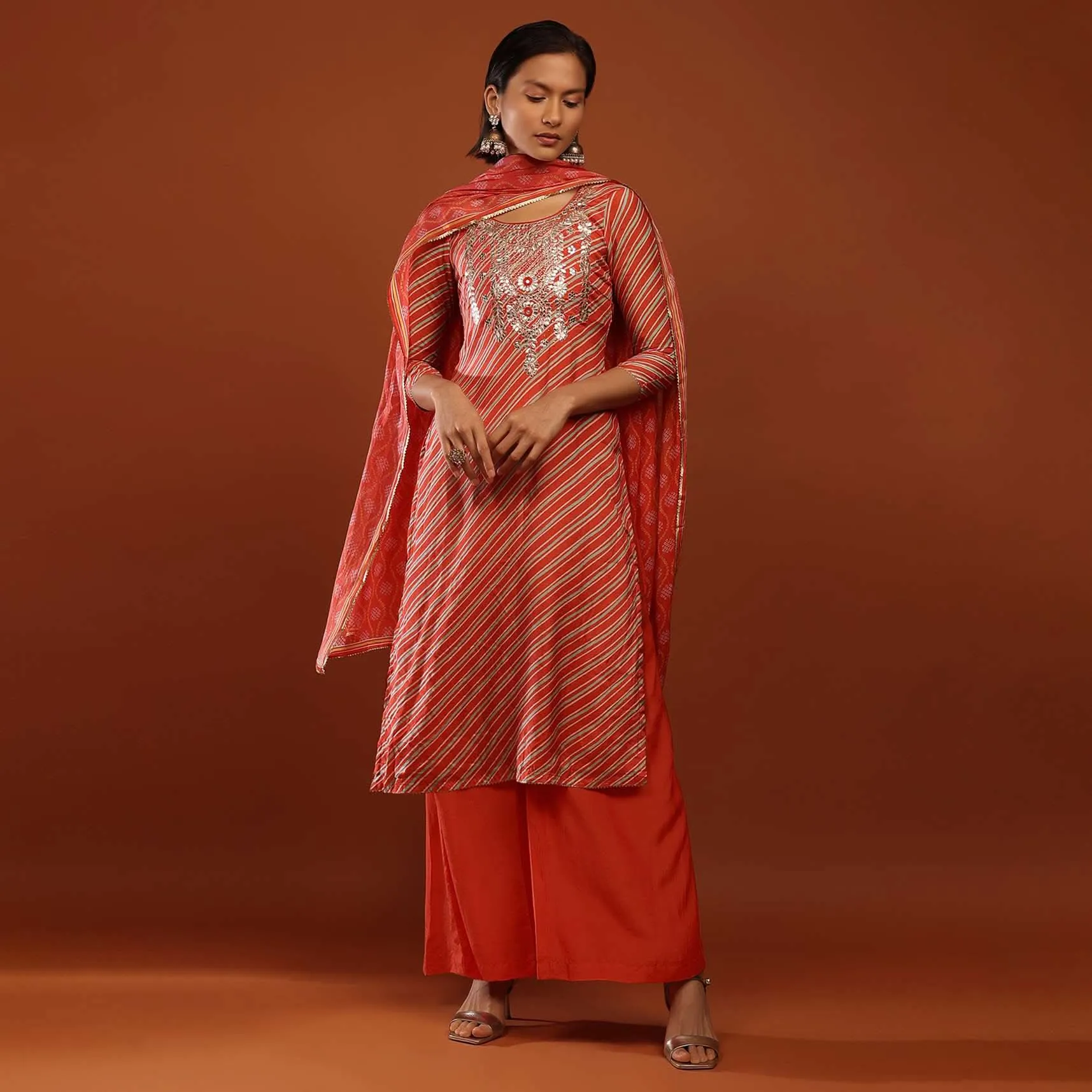 Fire Orange Straight Cut Palazzo Suit With Lehariya Print And Gota Embrodiery