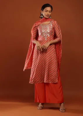 Fire Orange Straight Cut Palazzo Suit With Lehariya Print And Gota Embrodiery