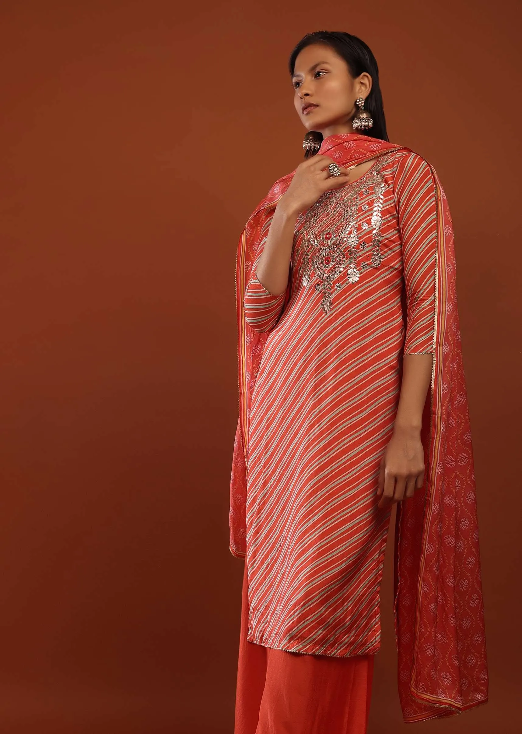Fire Orange Straight Cut Palazzo Suit With Lehariya Print And Gota Embrodiery