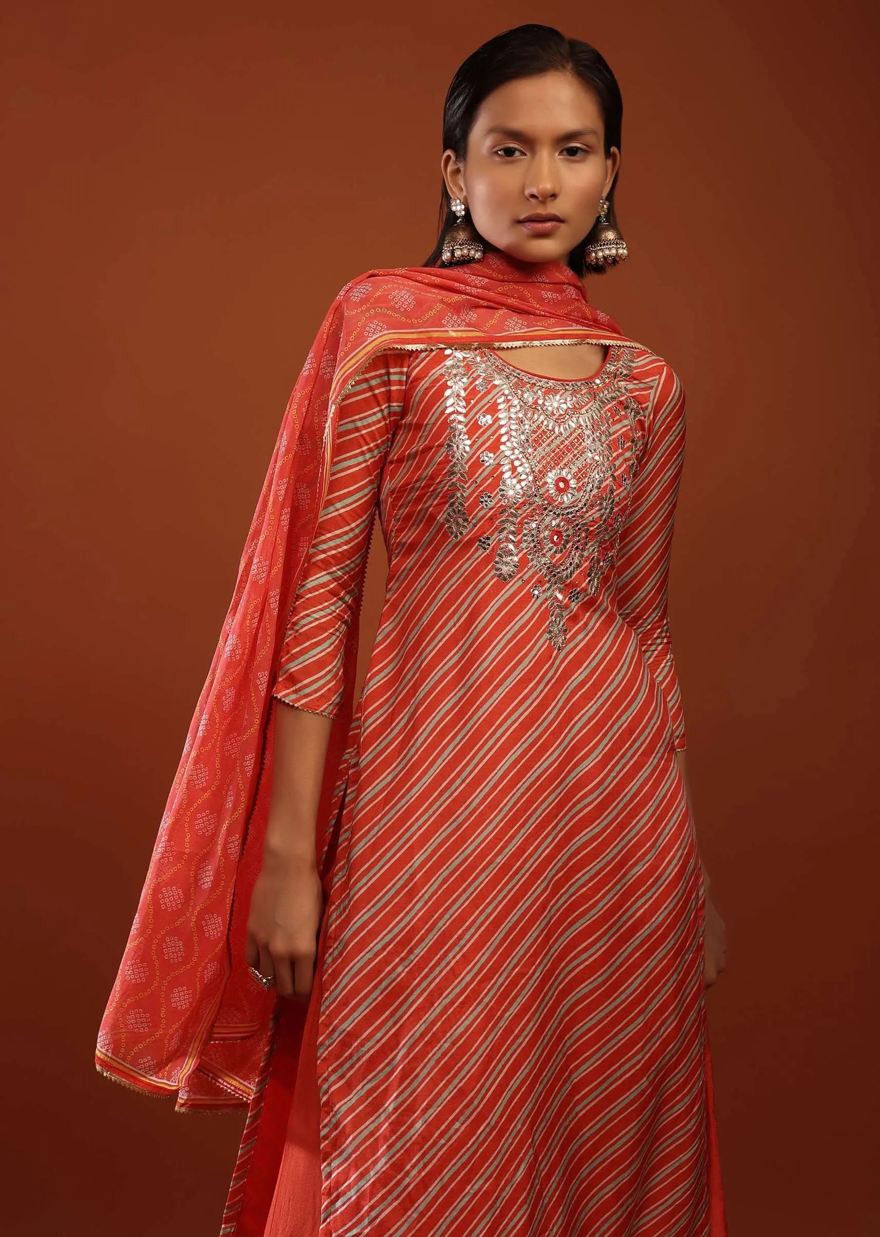 Fire Orange Straight Cut Palazzo Suit With Lehariya Print And Gota Embrodiery