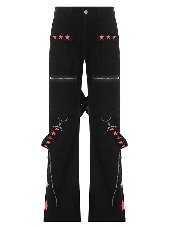 Five-pointed Star Printed Zipper Pocket Jeans