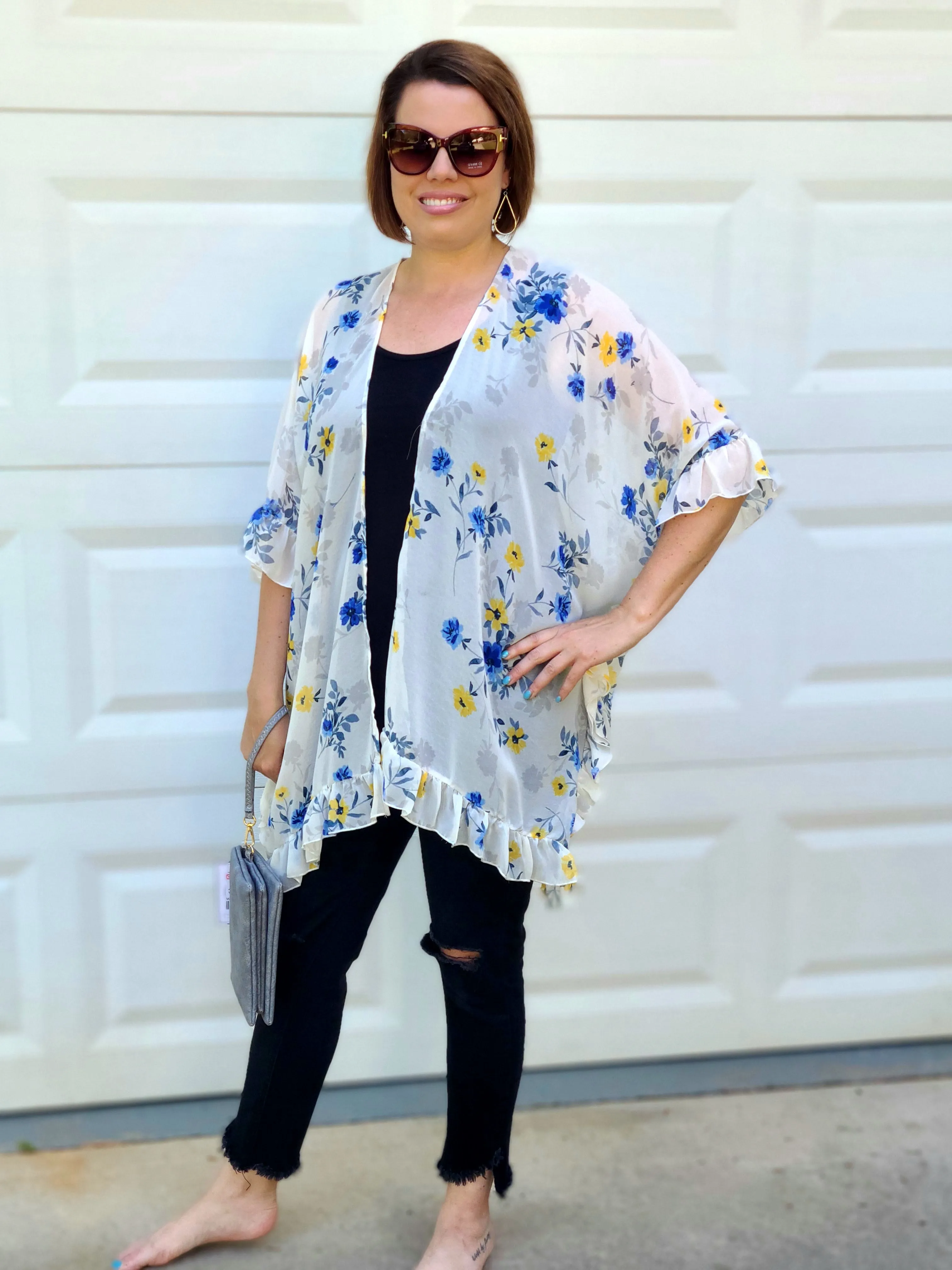 Floral Quarter Sleeve Kimono in White