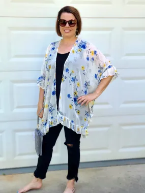 Floral Quarter Sleeve Kimono in White