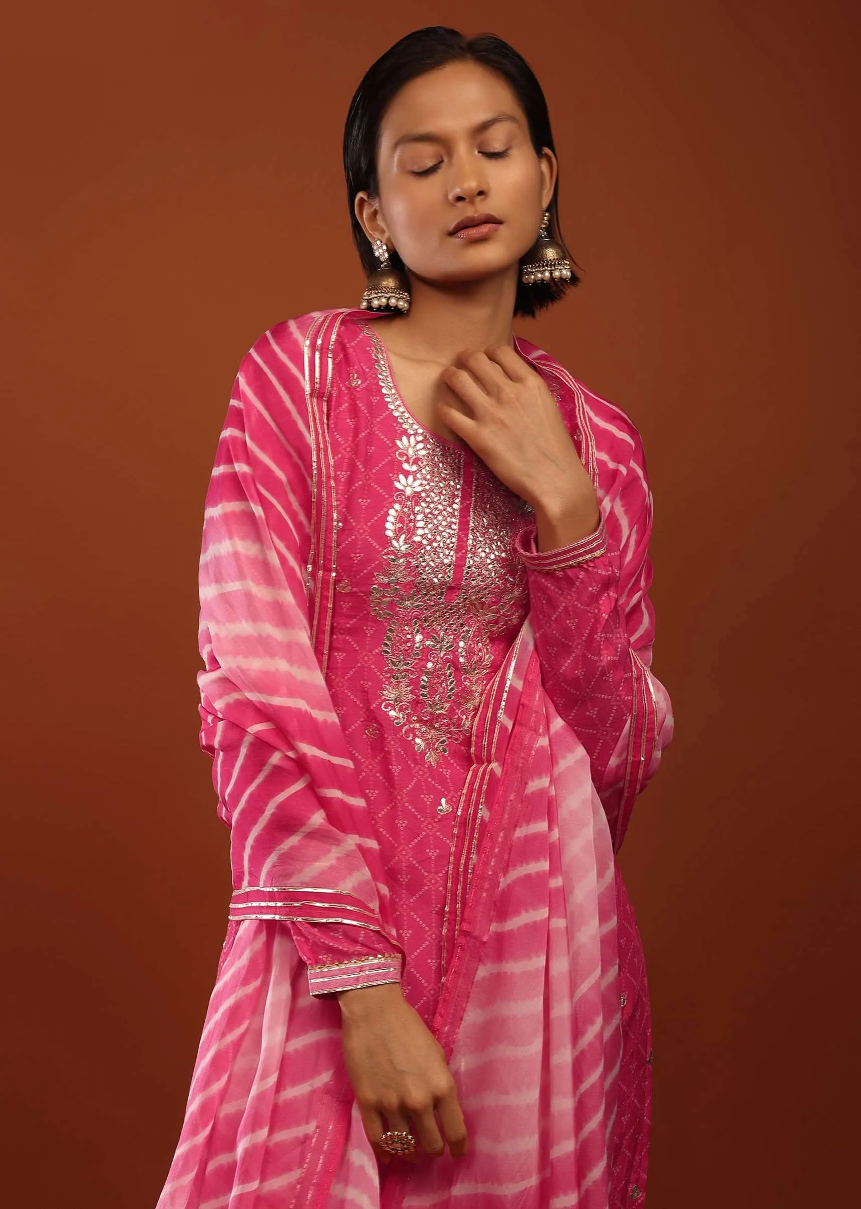 Fuchsia Pink Palazzo Suit With Bandhani Print And Gotta Patti Embrodiered Yoke Design